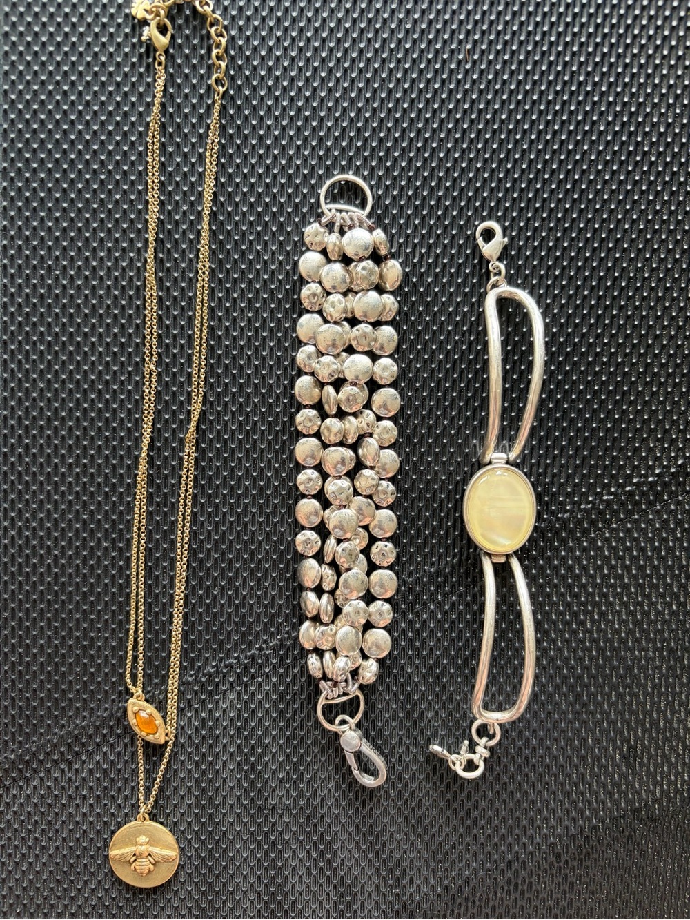 LUCKY BRAND - 3 pc jewelry lot - gold tone bee‎ necklace - silver tone bracelets